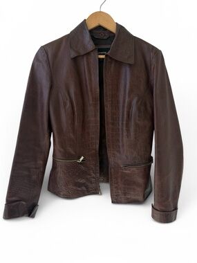 Y2K Express Brown Leather Jacket Women's 6  Fitted Zip Moto